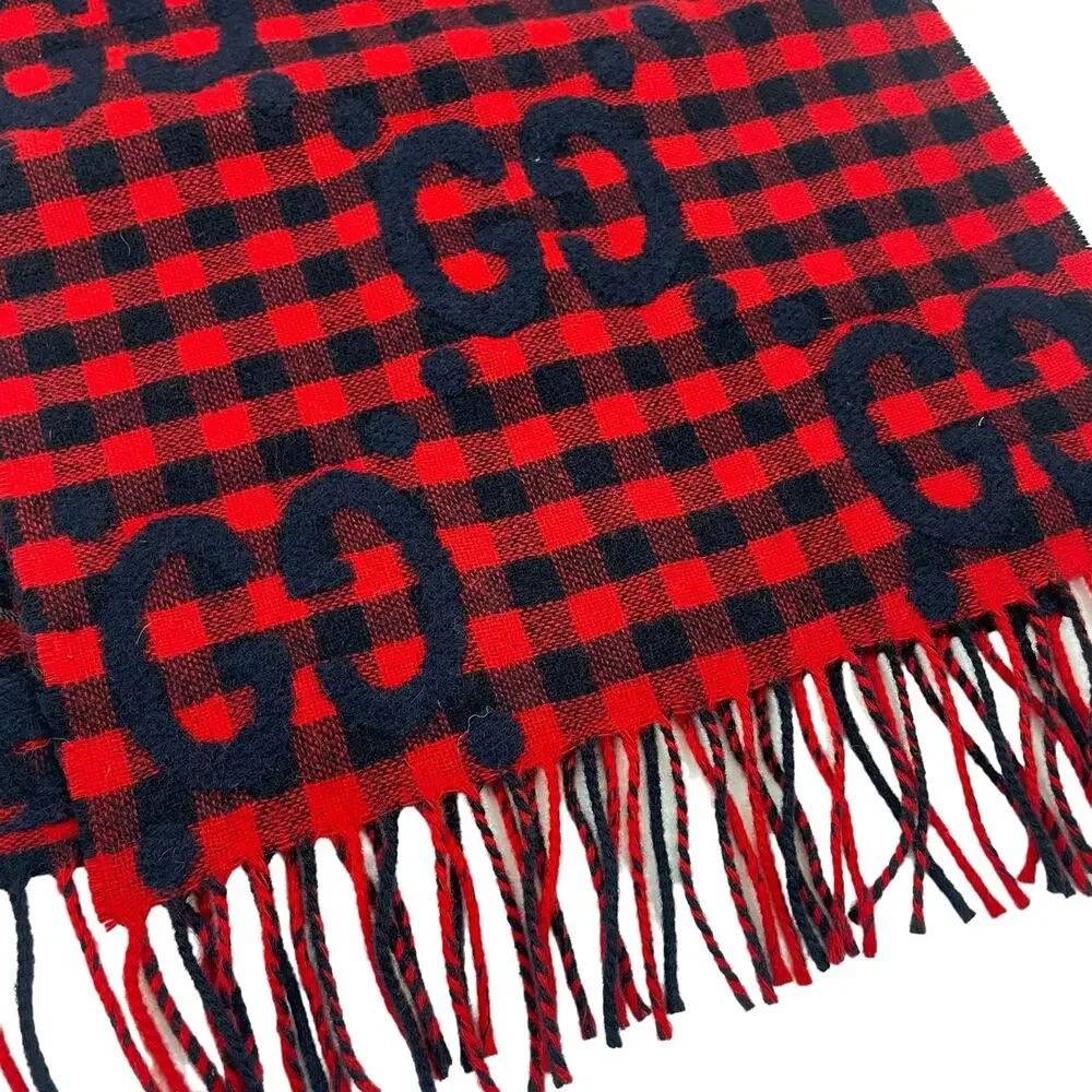Gucci Diamcheck GG Logo Monogram Wool Jacquard Scarf Red Black 94